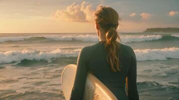 een vrouw vervelend een nat pak staat Aan de strand Holding een surfplank. video