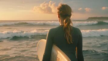 une femme portant une humide costume des stands sur le plage en portant une planche de surf. video