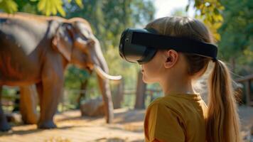 un niña vistiendo un virtual realidad auriculares soportes en frente de un elefante. video
