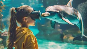 en flicka bär en vr headsetet interagerar med en lekfull delfin på de Övrig sida av en stor akvarium glas. video