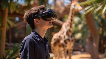 A guy wearing a VR headset stands in front of a giraffe as he explores a virtual reality zoo experience. video