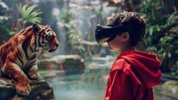 A boy wearing a red hoodie looks intently at a tiger in a VR Zoo simulation. The boys curiosity is evident as he gazes at the virtual animal. video