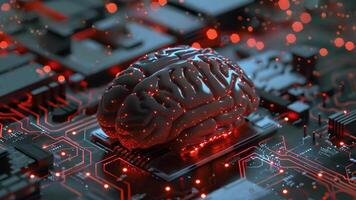 een hersenen zit boven een computer stroomkring bord, presentatie van de integratie van technologie en neurowetenschap. video