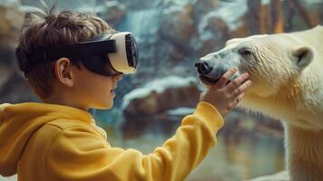 un niño chico experiencias fauna silvestre arriba cerca vía virtual realidad auriculares, interactuando con un polar oso. video