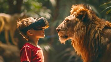 A young boy wearing a VR headset stands face-to-face with the digital representation of a lion, immersed in a simulated wildlife experience. video