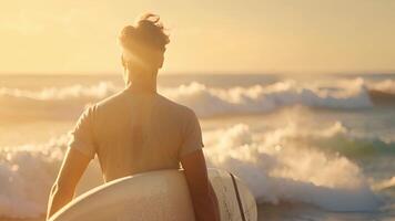 en man står på de strand, innehav en surfbräda. video