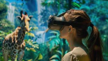 A young girl wears VR goggles, seemingly interacting with a giraffe in a virtual jungle setting. video