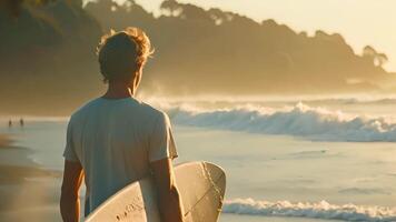 une homme est permanent sur le plage, en portant une planche de surf dans le sien main. video