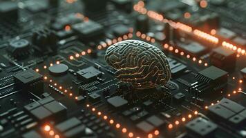 A computer circuit board with a human brain resting on top, symbolizing the connection between technology and intelligence. video