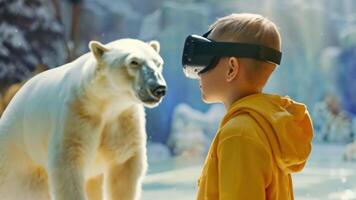 een kind in een geel capuchon staat oog in oog met een geprojecteerd polair beer terwijl vervelend vr stofbril in een gesimuleerd dierentuin omgeving. video