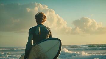 een Mens staat Aan een strand Holding een surfplank, klaar naar raken de golven. video