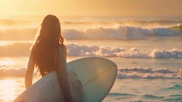 een vrouw staand Aan een strand, Holding een surfplank. video