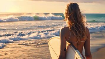 en kvinna står på de strand, innehav en surfingbräda i henne hand. video