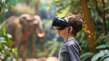 ein Junge vertieft im ein virtuell Wirklichkeit Ausstellungsstück mit ein Elefant im das Hintergrund beim ein vr Zoo. video