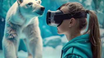 A girl wearing VR goggles stands in awe as she encounters a virtual polar bear in a simulated icy environment. video