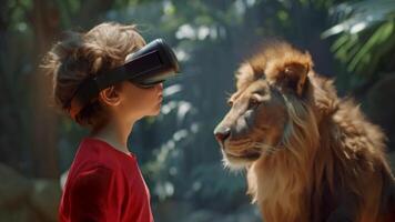 un chico en un rojo camisa se involucra con un virtual león mientras vistiendo un vr auriculares, inmerso en un simulado zoo ambiente. video