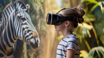 A young girl wearing virtual glasses studies a zebra with focused attention. video