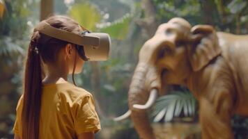 A girl with a VR headset stands in awe as she is surrounded by the immersive experience of a virtual elephant and jungle setting. video