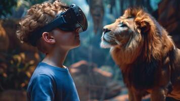 A boy wearing a VR headset stands face-to-face with a digital lion in a simulated environment. video