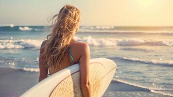 een vrouw vervelend een bikini staat Aan de strand, Holding een surfboard in haar hand- Aan een zonnig dag. video