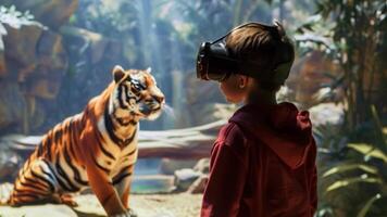 A young boy in VR headset stands by a virtual reality tiger, the experience bringing them face-to-face with wildlife. video