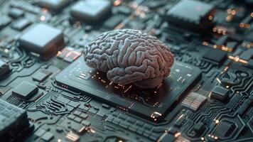 A brain sits atop a computer circuit board, symbolizing the integration of intelligence and technology in modern society. video