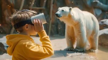 A boy wears a VR headset, seemingly interacting with a polar bear in its enclosure. video