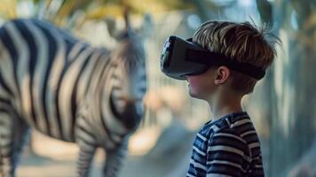 un joven chico vistiendo virtual lentes soportes siguiente a un cebra. video