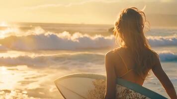 een vrouw Holding een surfboard staat Aan de zanderig strand, klaar voor een dag van surfing langs de oceaan golven. video