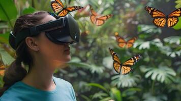 uma mulher é vestindo uma virtual realidade fone de ouvido com borboletas vôo por aí dela. video