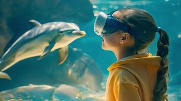 A girl in VR headset stands enchanted by a dolphin swimming by in a simulated underwater setting. video