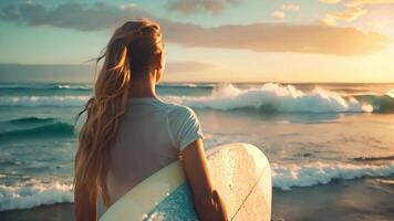 een vrouw staand Aan een zanderig strand, Holding een surfboard bovenstaand haar hoofd onder een Doorzichtig lucht. video