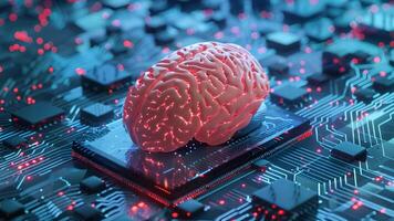 An anatomical brain placed on top of a green circuit board with electronic components. video