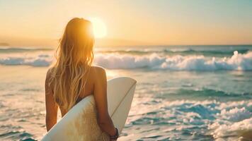 een vrouw staat boven een zanderig strand, Holding een surfboard onder haar arm net zo ze bereidt zich voor naar raken de golven. video