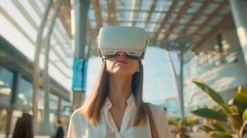 A woman stands in a sunlit terminal, engaged in exploring a virtual environment with a VR headset. video