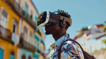 uma homem vestindo uma virtual realidade fone de ouvido, imerso dentro uma viagem simulação, explorando Novo destinos e experiências. video