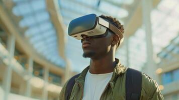 en man är upplever virtuell verklighet med en headsetet i en upptagen köpcenter. video