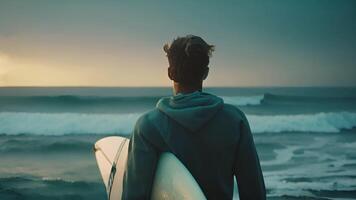 een Mens staand Aan een zanderig strand, Holding een surfboard met golven in de achtergrond. video