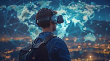 un hombre inmerso en virtual realidad experiencia, vistiendo un auriculares y explorador un digital mapa de el mundo. video