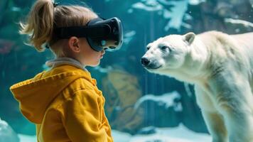 Young child girl closely observing a polar bear in a virtual reality zoo setting. video