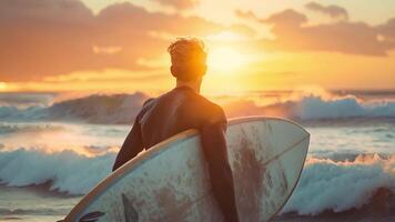 une homme détient une planche de surf tandis que permanent sur une sablonneux plage surplombant le océan. video
