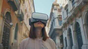 un mujer vistiendo un virtual realidad auriculares en un ciudad calle, atractivo en inmersivo digital experiencia. video