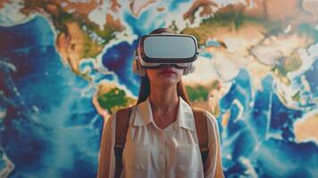 A woman is immersed in virtual reality, wearing a headset, while standing in front of a map of the world. video