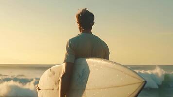 een Mens staat Aan een zanderig strand, Holding een surfboard onder zijn arm net zo hij bereidt zich voor naar surfen de golven. video