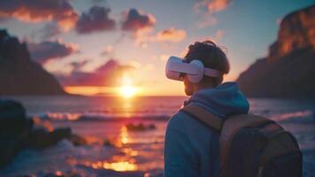 A man with a VR headset stands by the sea, immersed in a virtual sunset experience. video