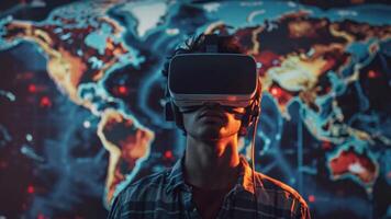 A man wearing a virtual headset stands in front of a world map, immersed in a virtual travel experience. video