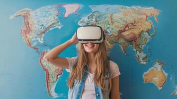 un' donna indossare un' virtuale cuffia è esplorando un' carta geografica nel un' virtuale la realtà ambientazione. video
