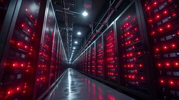 Glowing lights cascade over racks of hardware, as crypto mining production hums at a large barn video