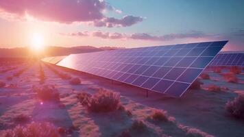 A sprawling desert landscape hosts a network of solar battery arrays, promoting green energy video