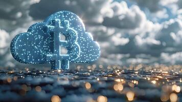 Illustration of bitcoin cloud mining featuring the BTC symbol above clouds with digital elements video